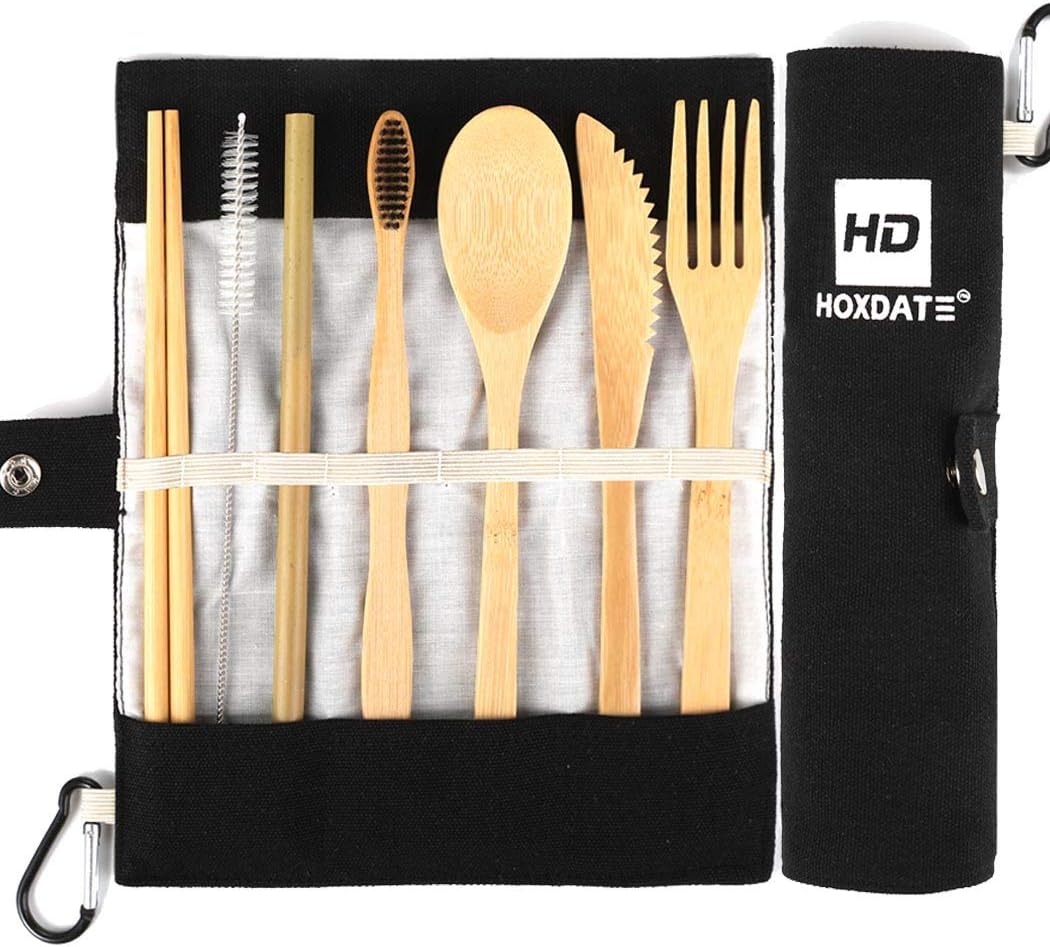 Bamboo Utensils, Eco Friendly Flatware Set, Bamboo Cutlery Set, Bamboo Travel Utensils, Camping Utensils Set, Portable Utensils Set, 7 Pieces- Black