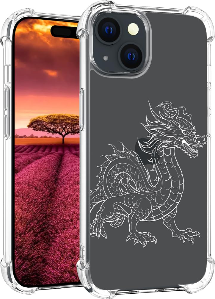 Topgraph Compatible with iPhone 15 Plus Case Designer Cute Clear for Women,Cool Transparent Silicone Phone Cases Cover - Black Dragon Line Art