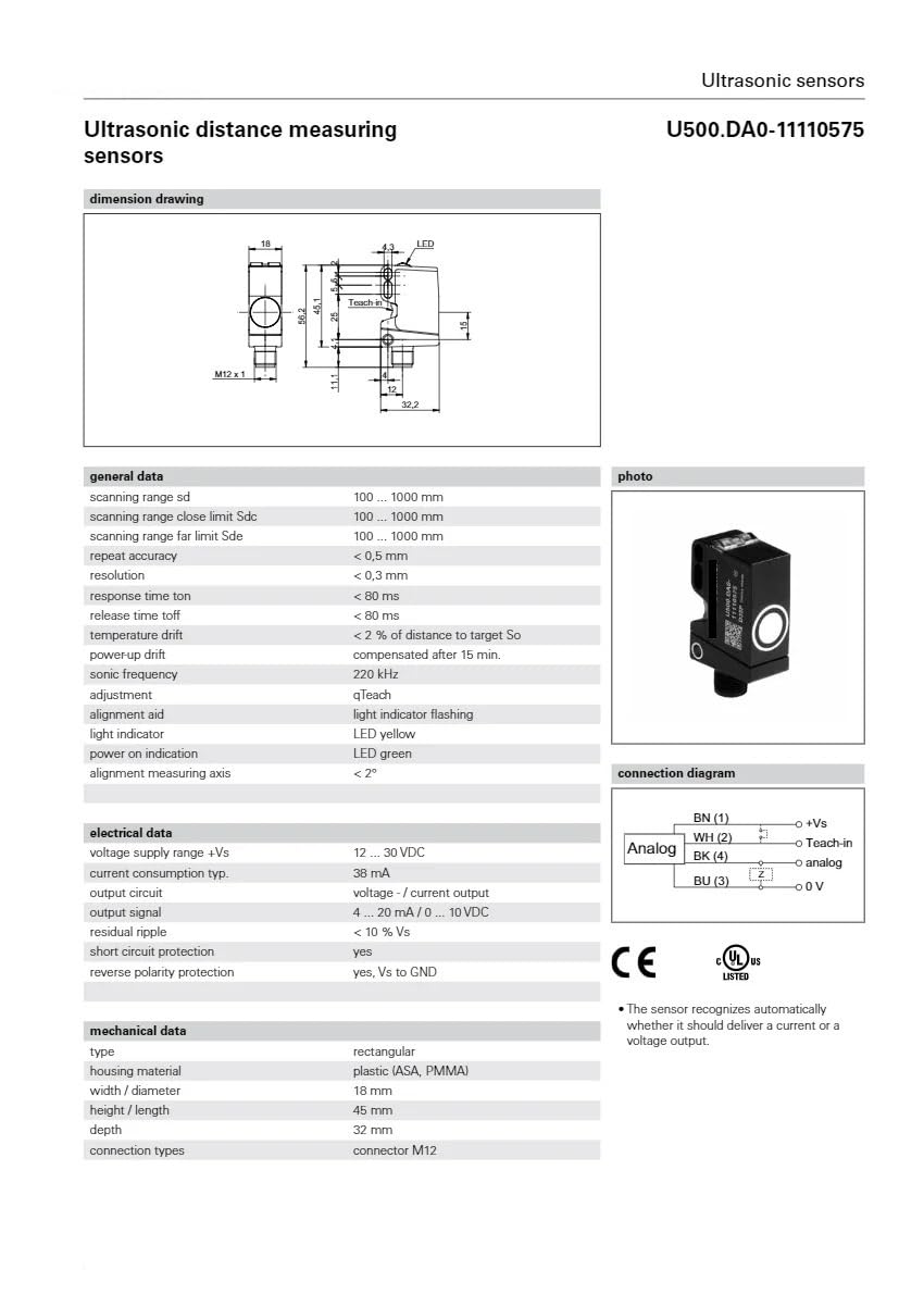 NURII Distance Measuring Sensors, U500.DA0-AA1B.72O