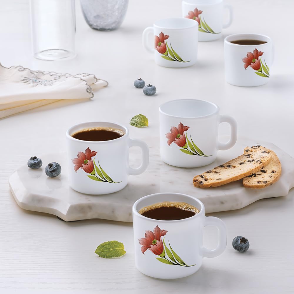 Larah by BOROSIL Red Iris Opalware Mug | Set of 6 Tea/Coffee Mugs, 100 ml Each | Microwave & Dishwasher Safe | Bone-Ash Free | Crockery Set Ideal for Daily Use & Gifting | White (B0C8FLNV9W) Amazon Price History, Amazon Price Tracker