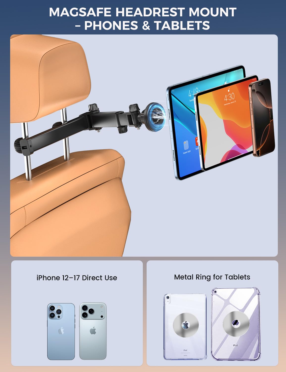 OHLPRO Support Tablette Voiture Magnétique [Bras Extensible Métal + Puissant Magnétisme] Support iPad Voiture Appuie-tête Rotative à 360° Porte Tablette Compatible avec Téléphones et Tablettes