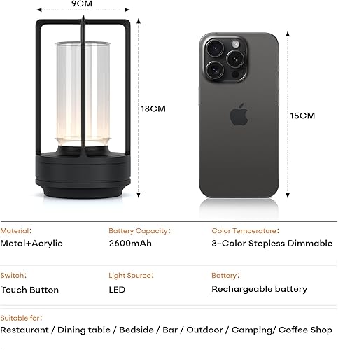 Miniatura 7 de Lámpara de mesa LED portátil inalámbrica, lámpara de escritorio recargable con sensor táctil (2600 mAh), regulable de tres niveles adecuada para