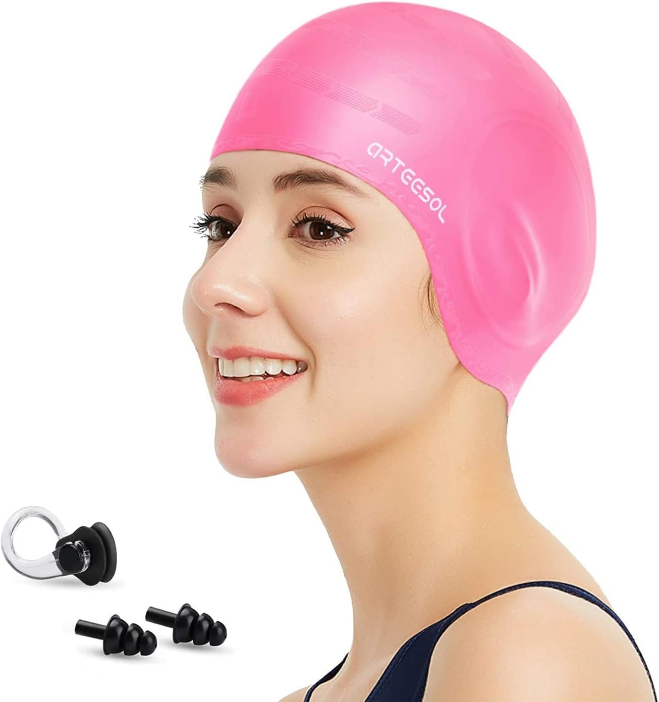 Blackace arteesol Swimming Cap Women Swimming Hat Silicone Swim Cap Swim Hat Waterproof Cap, 3D Ear Ergonomic Design