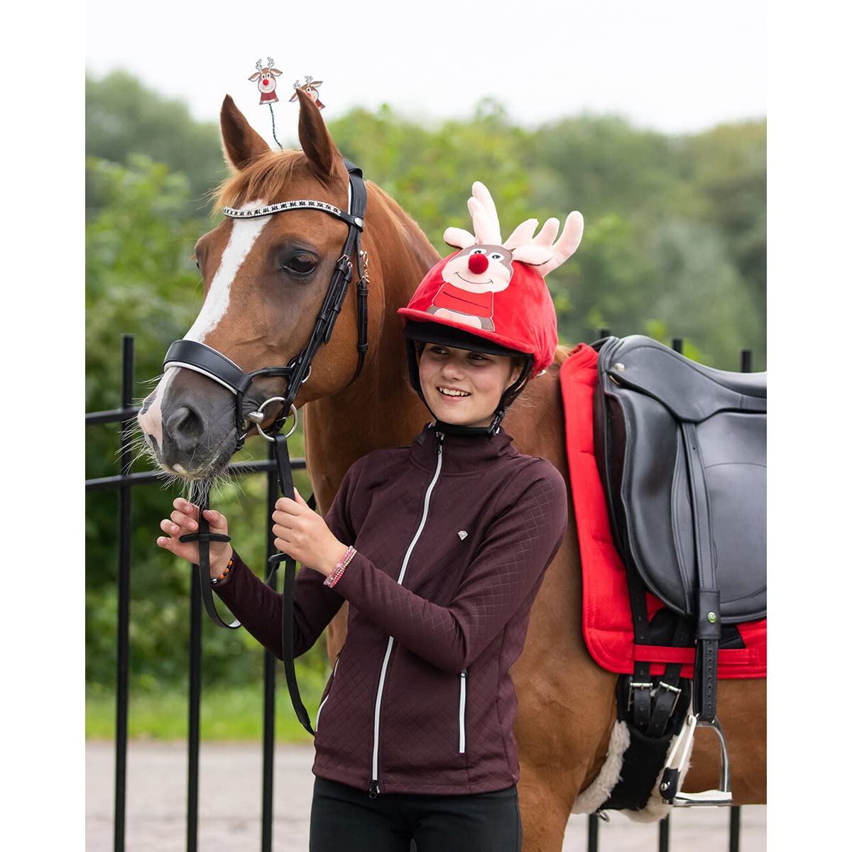Bonnet De Noël Pour Cheval – Motif Flocons De Neige, Rouge, Respirant, 35x35 Cm, 48 G, Accessoire Festif équestre