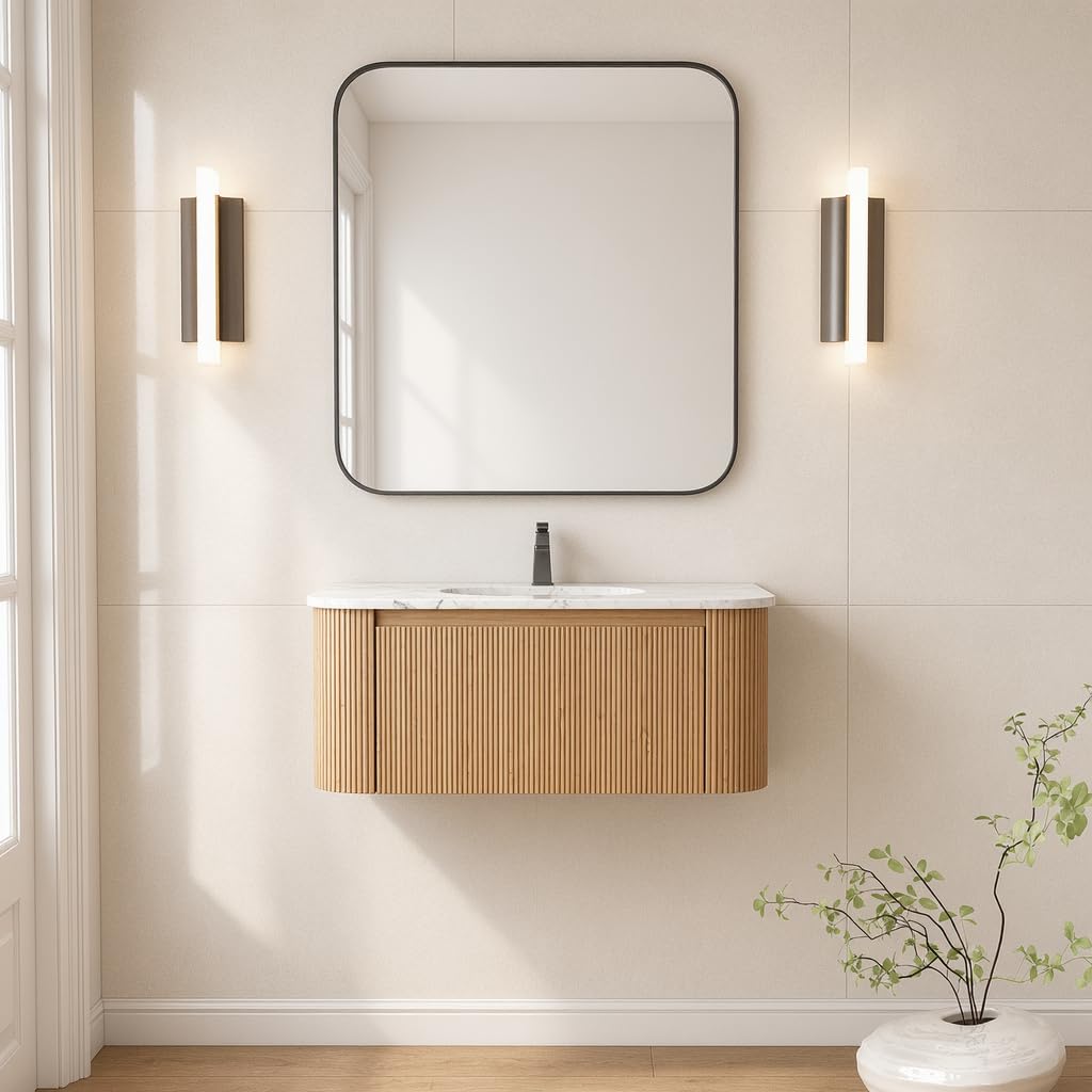 36 Inch Wall Mounted Bathroom Vanity with Ceramic Sink, Pre-Assembled Floating Vanity Cabinet with Cararra Artificial Countertop, Wave Texture Finish &amp; Drawer, Wood