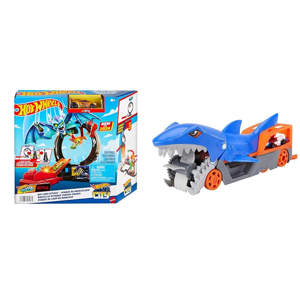 Hot Wheels Let's Race Netflix - Coffret Circuit City Looping Et Attaque Chauve-Souris avec Voiture Et Piste, 3 Modes De Jeu, Looping Réglable Et Lanceur, Jouet Enfant, A Partir De 4 Ans, HTN78