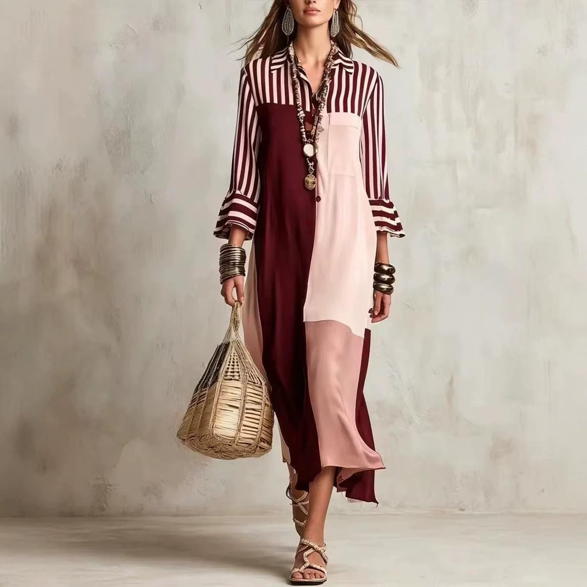 Vestido Camisa con Abertura, Bohemio Manga Larga
