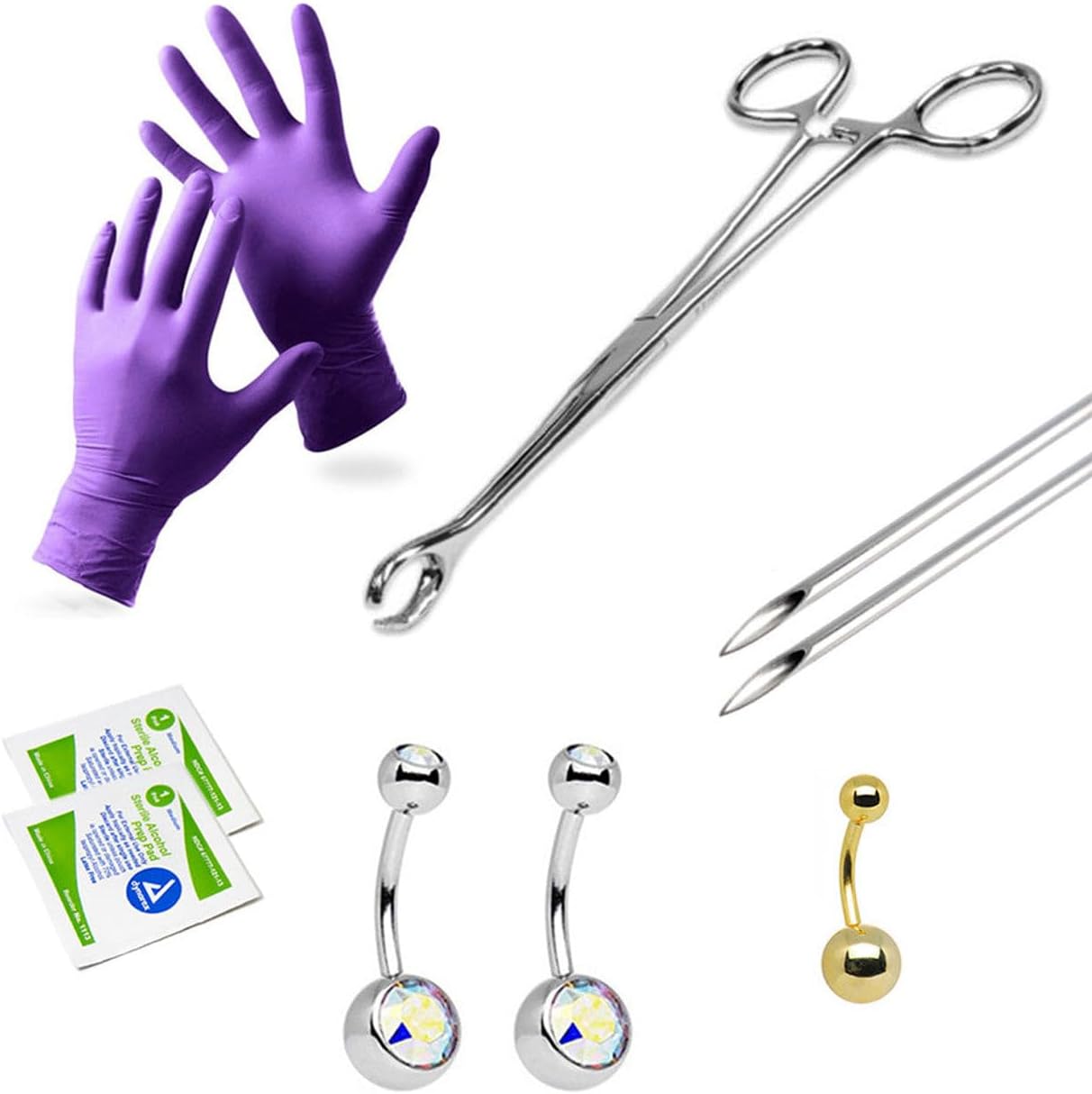 Kruelty Body Jewelry Surgical Steel Belly Button Ring Piercing Kit 14 Gauge Gem - 9 Pieces