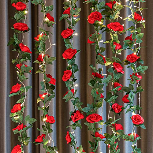 4 Pack (32Ft) Artificial Rose Vine Fake Flowers Garland Hanging Silk Rose Ivy Plants Vine For Wedding Arch Party Garden Home Bedroom Office Wall Aesthetic Art Décor (Red) #TOP2