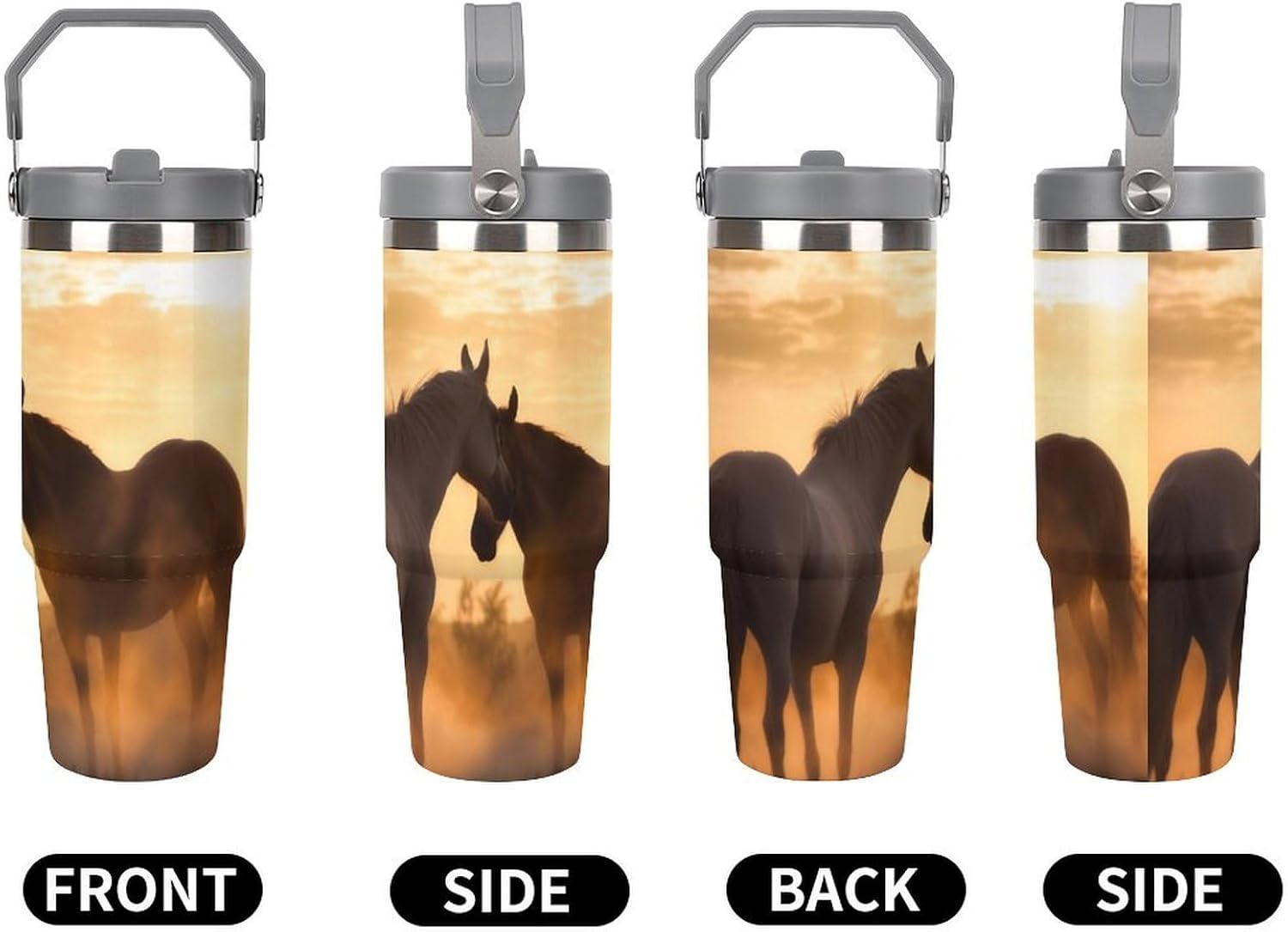 30oz Insulated Tumblers with Top Handle, Stainless Steel Horses in Love Car Cup with Straw for Gift, Leak-Proof Double Wall Vacuum Travel Mug, Personalized Water Bottles White