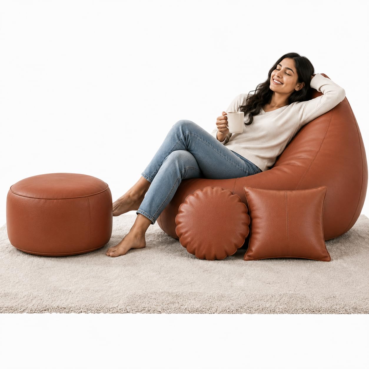 2XL Teardrop Bean Bag Chair Without Beans only Cover, Set with Footrest, Faux Leather, tan, Indoor Gaming and Lounging, Adult Size, Includes Square Cushion (TAN, XXL, Solid)-picture-38