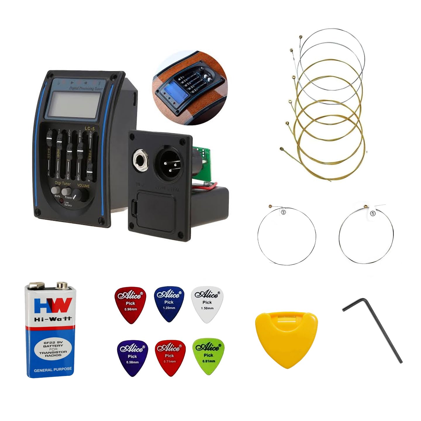 Acoustic Guitar LC5 Bands EQ Preamp Equalizer w/Piezo Pickup/Digital Tuner (LC5) with Hi-Watt 6F22 9V Battery, String Set, Align Key and Alice Pick Holder-image-1
