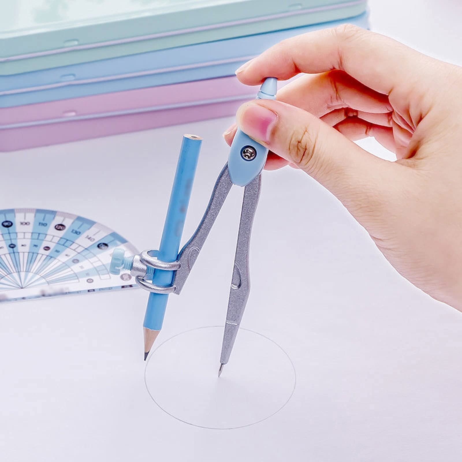 Mathe-Geometrie-Set, Geometrie-Set, 8-teiliges Mathematik-Werkzeugset mit Zirkel, Winkelmesser, Bleistift, Radiergummi, Dreieck, 6-Zoll-Lineal, Aufbewahrungsbox, Geometrie-Set(Blue)