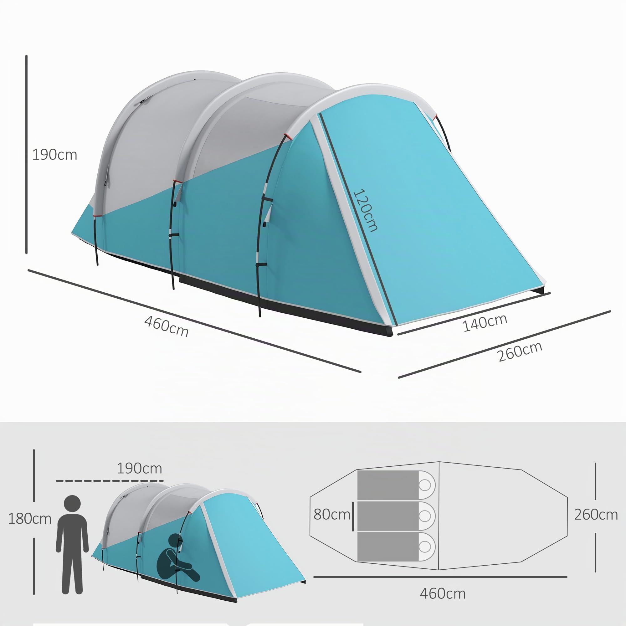 Outsunny Tente de Camping Familiale 3 Personnes 4,6 x 2,6 x 1,9 m Bleu | Tente Tunnel Imperméable 3 000 mm, Ventilée, 2 Portes et Fenêtres, Montage Facile