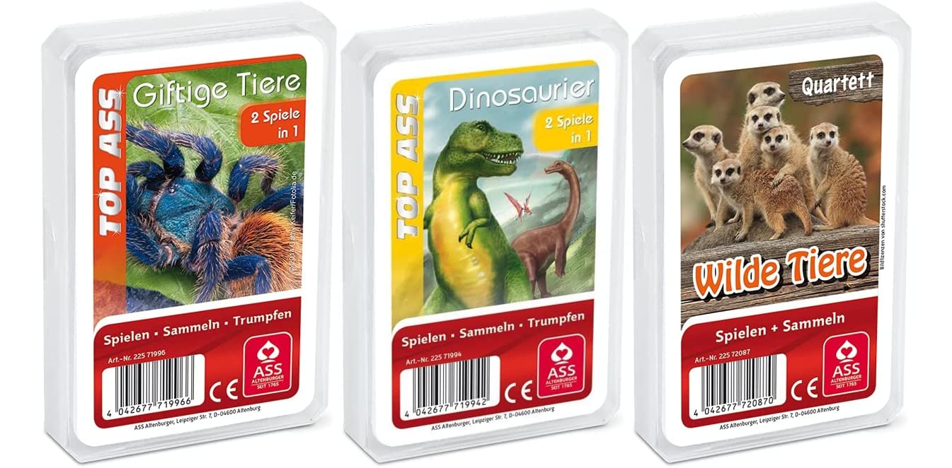 Ass Altenburger Set of 3 Quartet Games/Quartet Wildness Consisting of 1st Top Ass Dinosaur, 2nd Top Ass Wild Animals
