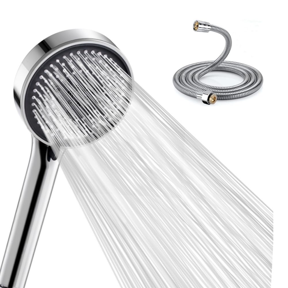 Hochdruck Duschkopf mit Schlauch 2m, wassersparender Handbrause mit 5 Strahlarten (Relaxation Version), Duschbrause mit Antikalk-Funktion, runde Duschbrause (120 mm), Chrom
