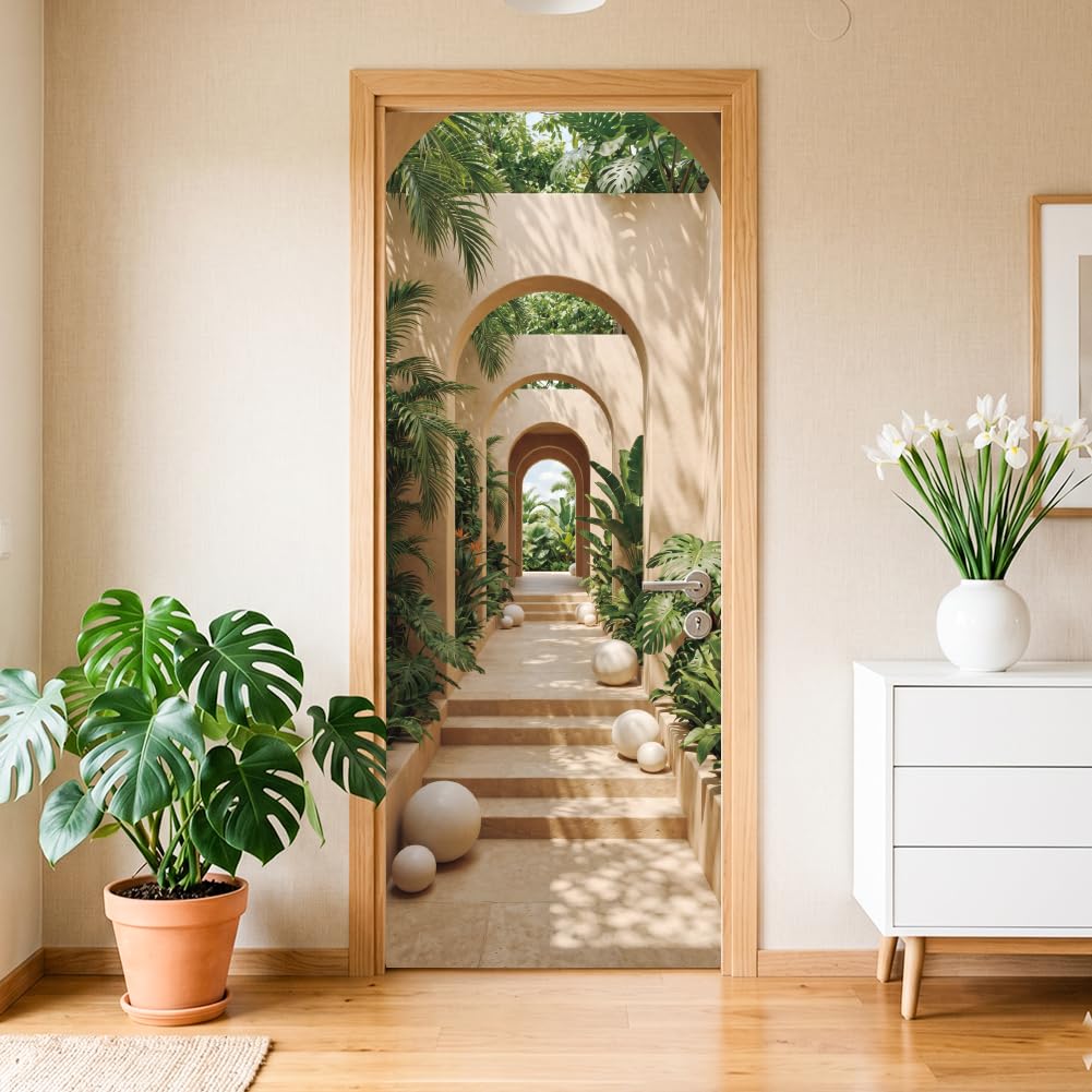 arricraft 2 Pcs Sunlit Space Theme Self-Adhesive Door Sticker, 31.5"x78.7" Tropical Arched Walkway Decorations Door Murals Stickers PVC Removable Wallpaper Decoration for Bedrooms Living Room