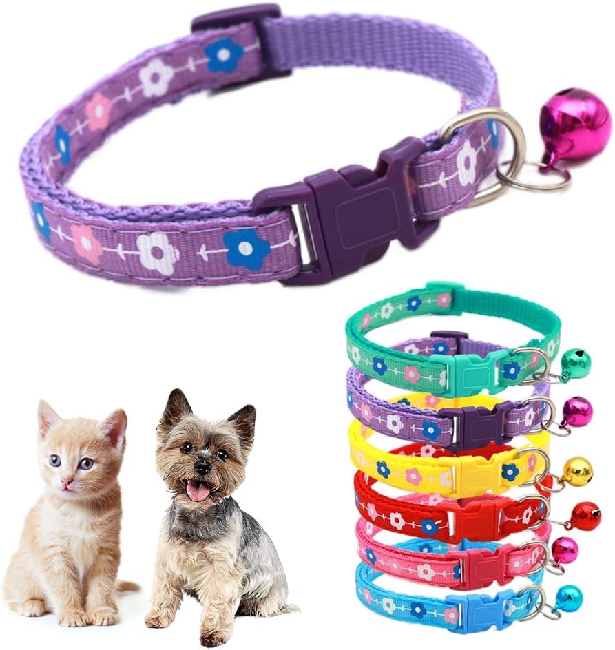 Purple Kitten Collar with Bell,Flower Cat Collar Girl Cute Fancy Puppy Collar with Bells for XXS XS Tiny Little Kitten Pet Female Dogs,Neck 7-12 Inch