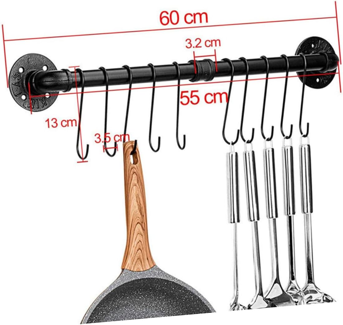 BESPORTBLE Wall Mount Pot Rack and Pan Organizer 13x60cm Iron Kitchen Storage Rack with Hooks for Hanging Utensils and Lid Holder Space-saving for Kitchen Use