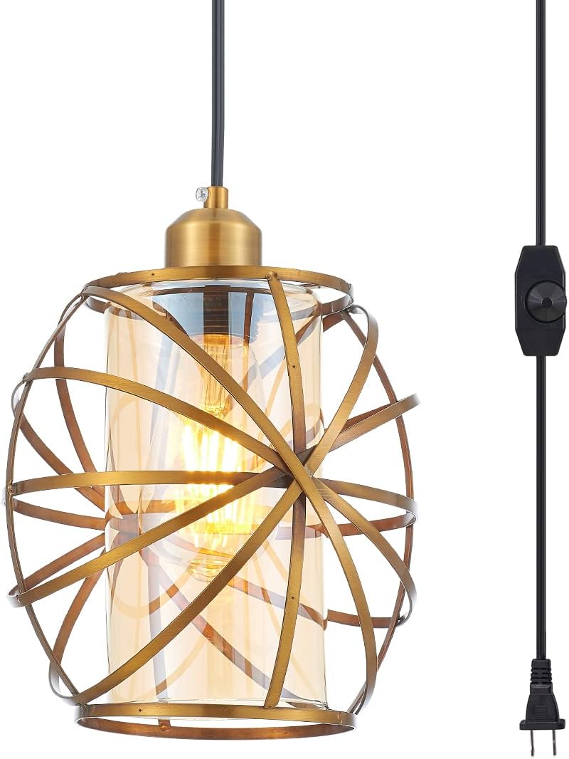 YLONG-ZS Gold Plug in Pendant Light,Dimmable Hanging Lamp,Glass Hanging Lights with Plug in Cord for Kitchen Island, Bedroom,Living Room,Dining Room