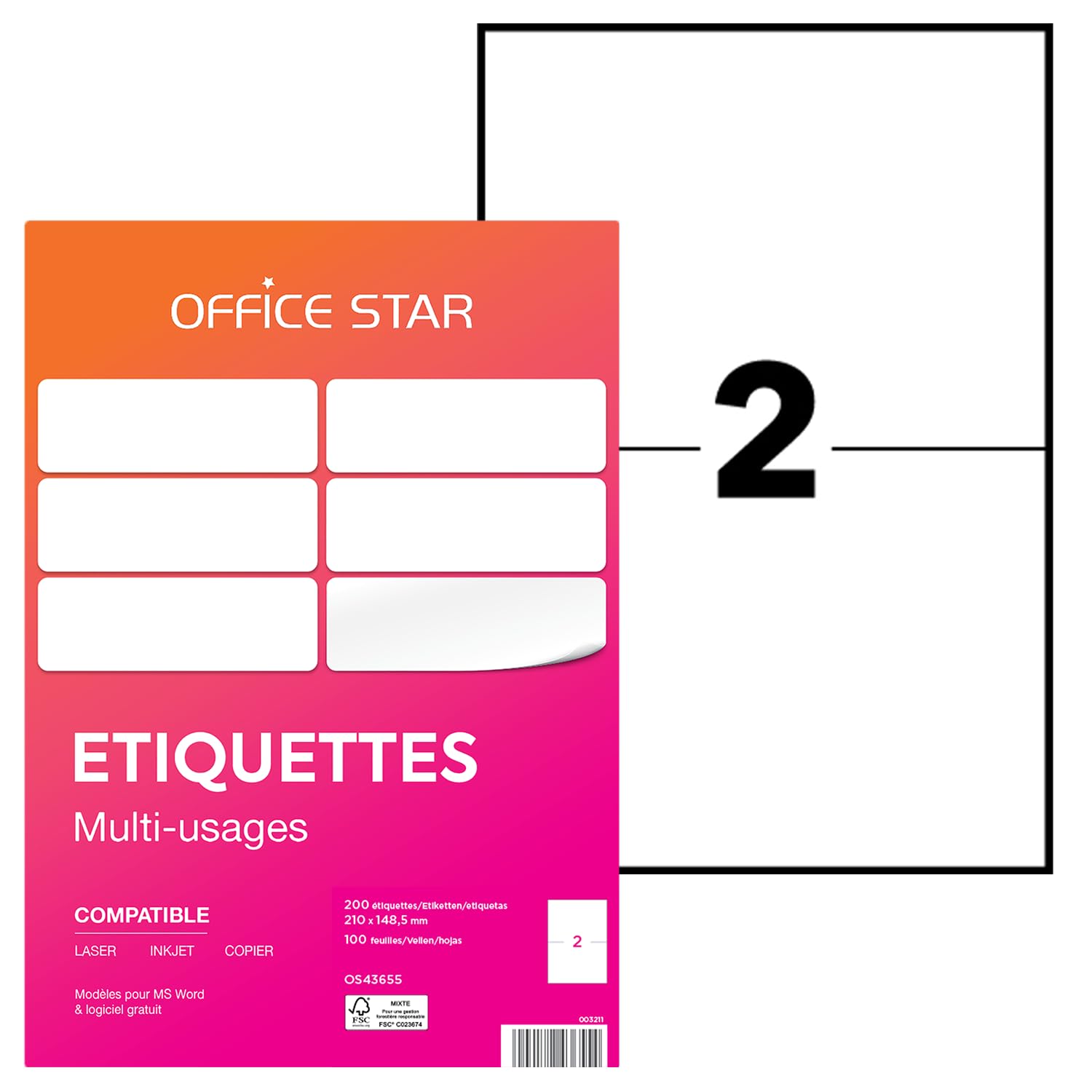 OFFICE STAR - 200 Étiquettes Autocollantes Multi-Usages Blanches Personnalisables Imprimables - Format 210 x 148,5 mm - Impression Laset Jet d'Encre et Copieur