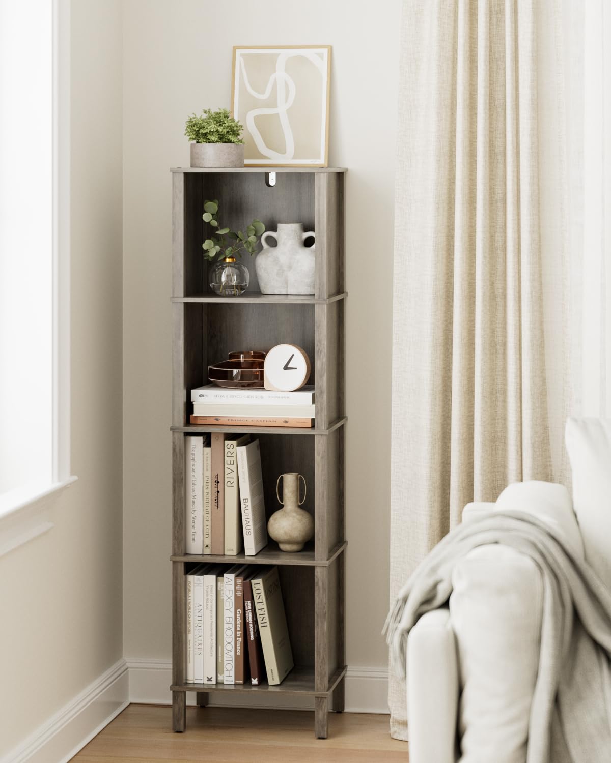 Bücherregal mit 4 Ebenen, Bücherschrank, Eckregal, Aufbewahrungsregal für Wohnzimmer, Büro und Schlafzimmer,Grau