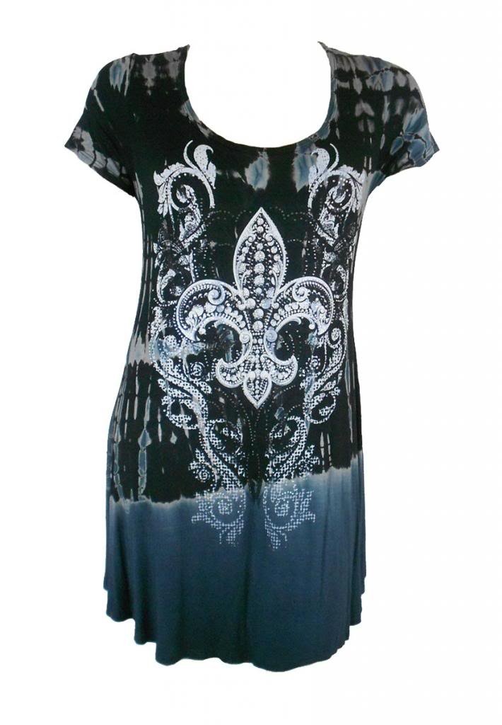 Vocal Women Plus Size Tunic Dress Lace Back Short Slvs Crystal Fleur Scroll in Black