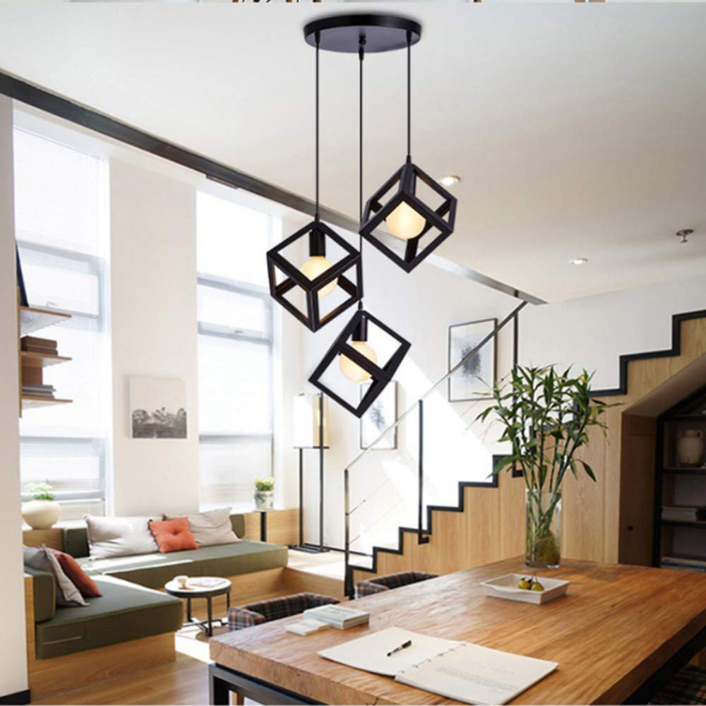 Lampada A Sospensione Geometrica In Ferro - Stile Vintage Industriale - Colore Nero, Portalampada E27 - Cilindro B