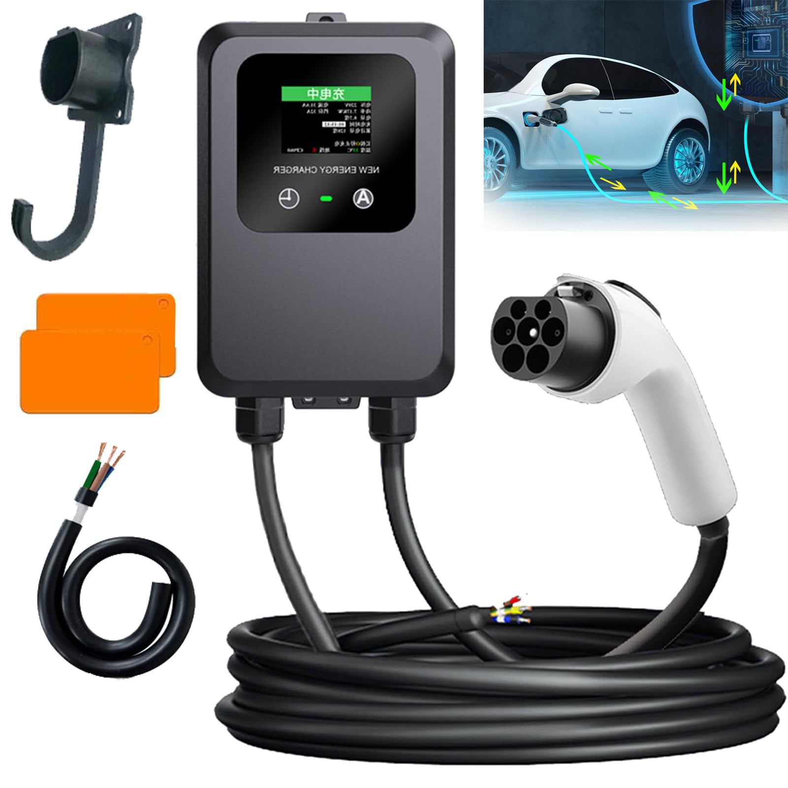 LNNLAA 1 Phase EV Charger(7KW), 2.8 in Color Screen/Dual Touch Buttons, 1-24 H Schedule Charging/Full of Self-stop, with 2 × Card/Anti-theft Charge, For Household Use,10M