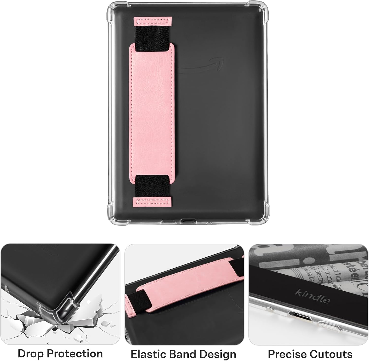 iDLEHANDS Clear Case for 7" Tablet Case - Ultra Slim Soft TPU Transparent Cover & Lightweight with Hand-Strap, not Compatible with Kobo Clara, Pink