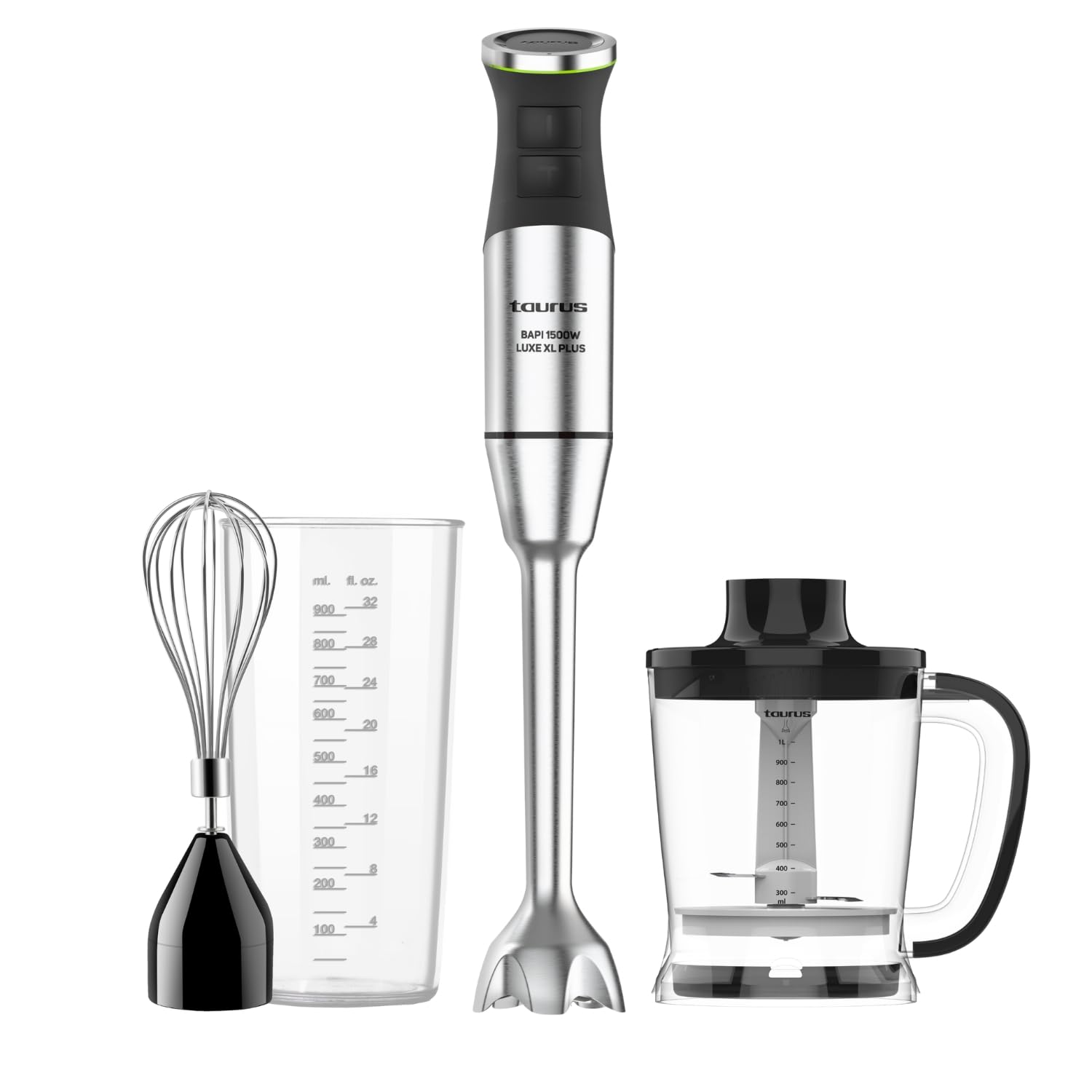 Taurus – Batidora de Mano XXL 1500W | 20 velocidades + TURBO| Cuchillas Inox| Campana Antisalpicaduras| Ergonómica| Libre BPA| Apta Lavavajillas| Pica Hielo | 3 Accesorios