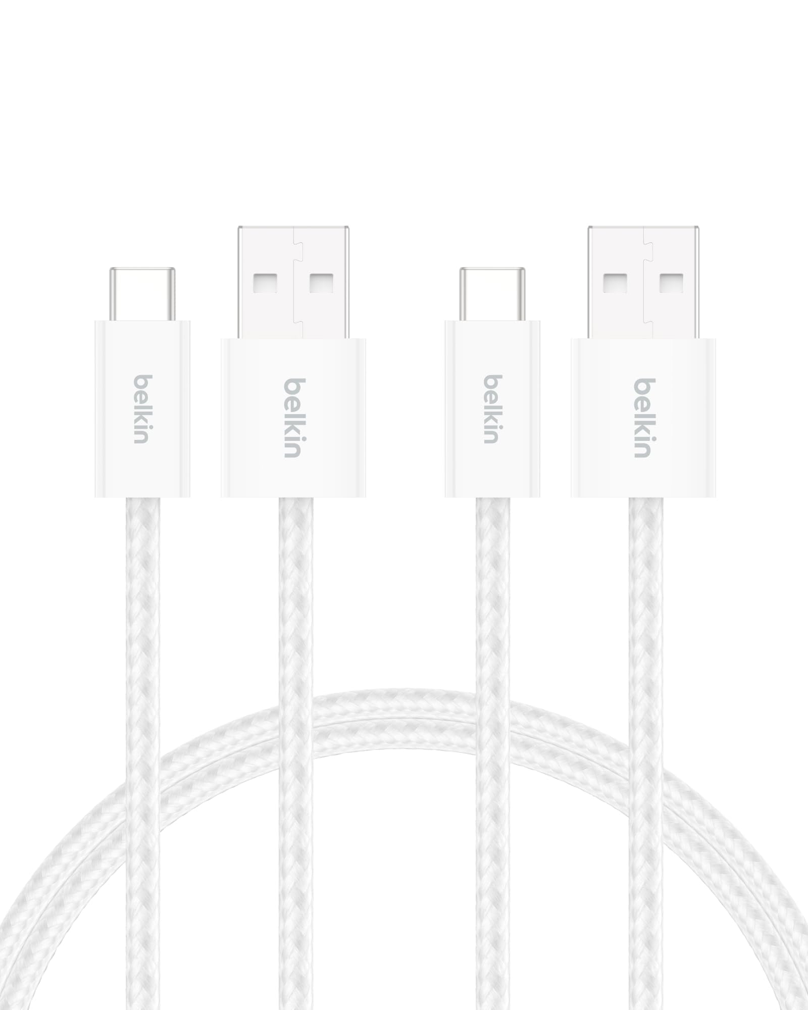 Belkin Confezione da 2 cavi intrecciati da USB-A a USB-C da 1,5 m, 15 W, cavo flessibile per ricarica rapida, cavo Type-C per iPhone 17 e iPhone 16 series, Galaxy S25, Pixel 10, iPad Pro ecc., bianco