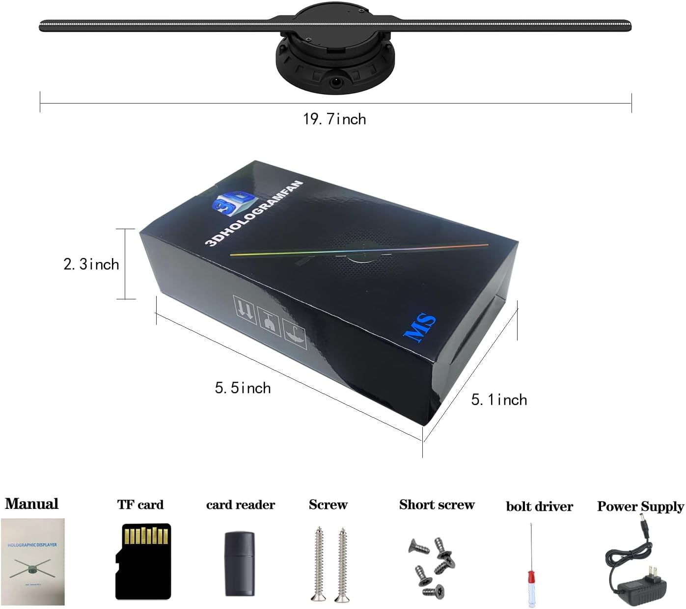 3D Hologram Fan Projector HD LED Holographic Christmas Tree Advertising Display with Remote Bluetooth WiFi 1500 Video Library for Business Bar Halloween (Black, 19.7)