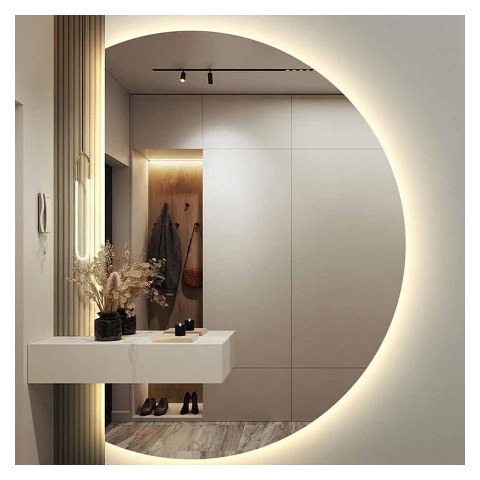 BKSXSOP 30" Wall-Mounted Anti-Fog Makeup Mirror with HD LED Lighting, 3-Color Smart Backlit Half Moon Design for Bathroom, Decorative & Functional (Cut Left, 80CM)