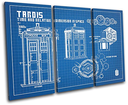 Bold Bloc Design - Dr Who Tardis Blueprints Movie Greats 120x80cm TREBLE Canvas Art Print Box Framed Picture Wall Hanging - Hand Made In The UK - Framed And Ready To Hang 13-7926(00B)-TR32-LO-C