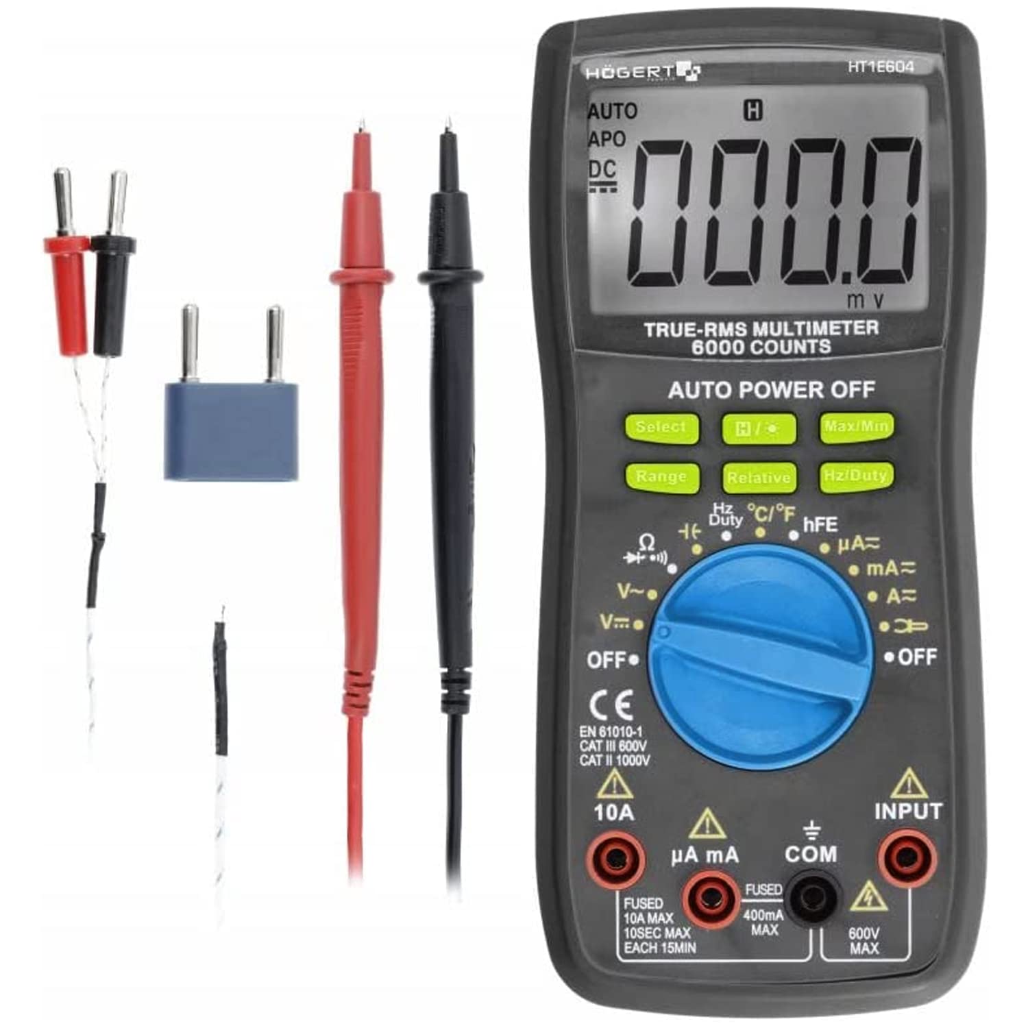 Högert Technik - Wielofunkcyjny cyfrowy miernik I multimetr do 600 V / 10 A I RMS I ekran LCD I gumowa powłoka I ergonomiczny i kompaktowy I łącznie z kablem pomiarowym I HT1E604
