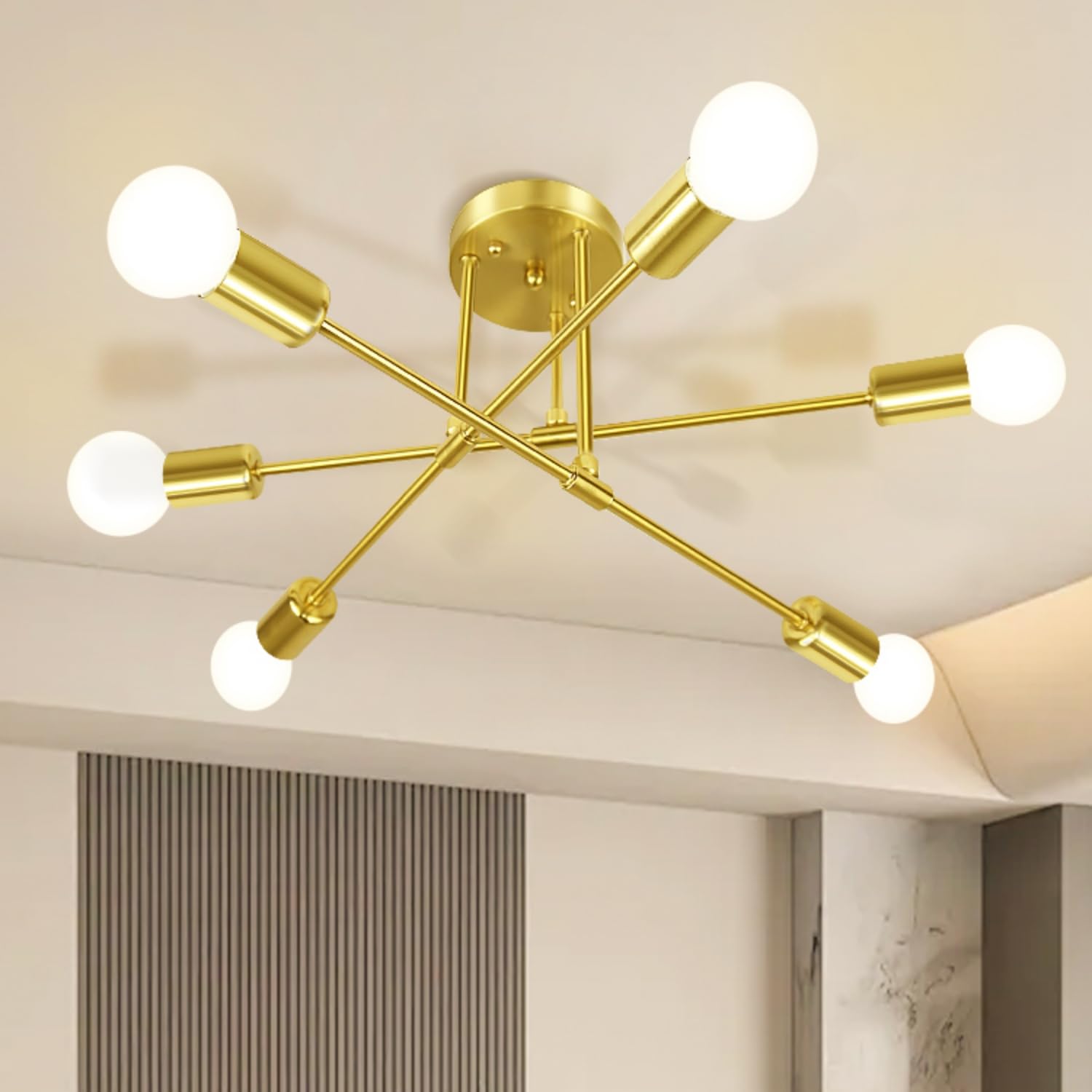 SILAMPDI 6-Light Gold Ceiling Light Fixture, Modern Sputnik Chandelier, Industrial Dining Room Light Fixture for Bedroom, Living Room, Kitchen, Hallway, E27 Base, Bulbs Not Included