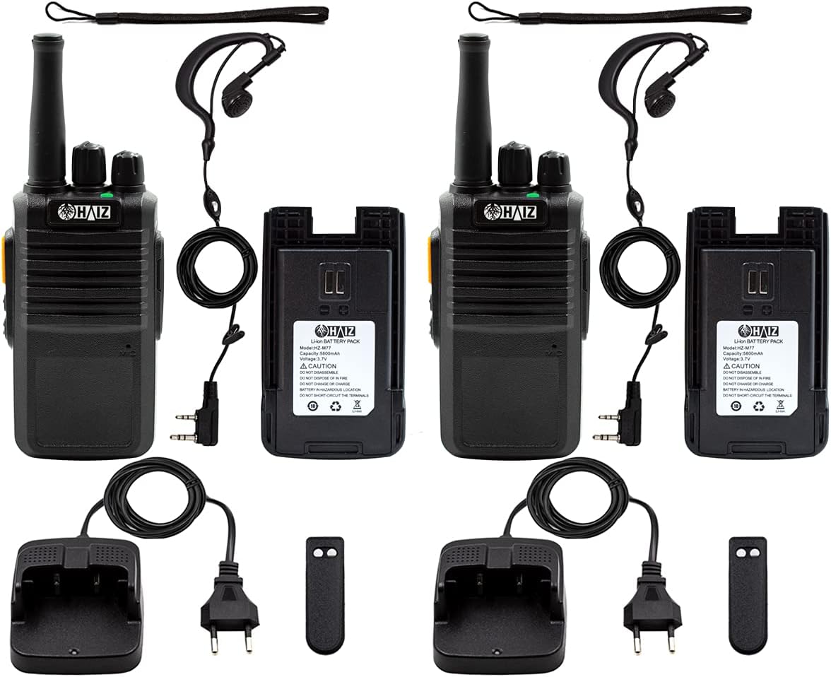 An image showing all components included in the Haiz HZ-M77 walkie-talkie package: two radios, two batteries, two charging bases, two antennas, two wrist straps, two belt clips, and two earpieces.