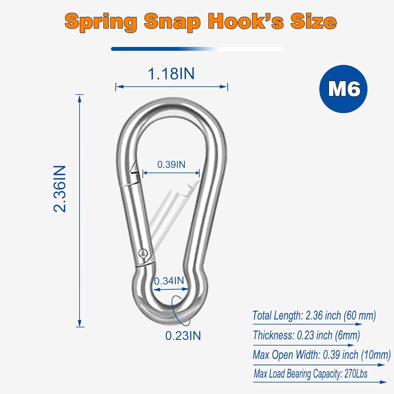 200PCS M6 Heavy Duty Carabiner Clip, 2.36Inch Snap Hook Quick Link Small Carabiner Clips,Spring Link Buckle for Fishing Camping Hammock Dog Leashes-260LBS Holding Capacity (Silver)