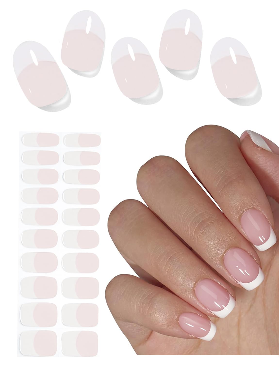 Naklejki żelowe | Classic French Gel Nail Stickers | 20 sztuk żelowych półutwardzonych naklejek | Żelowe naklejki na paznokcie