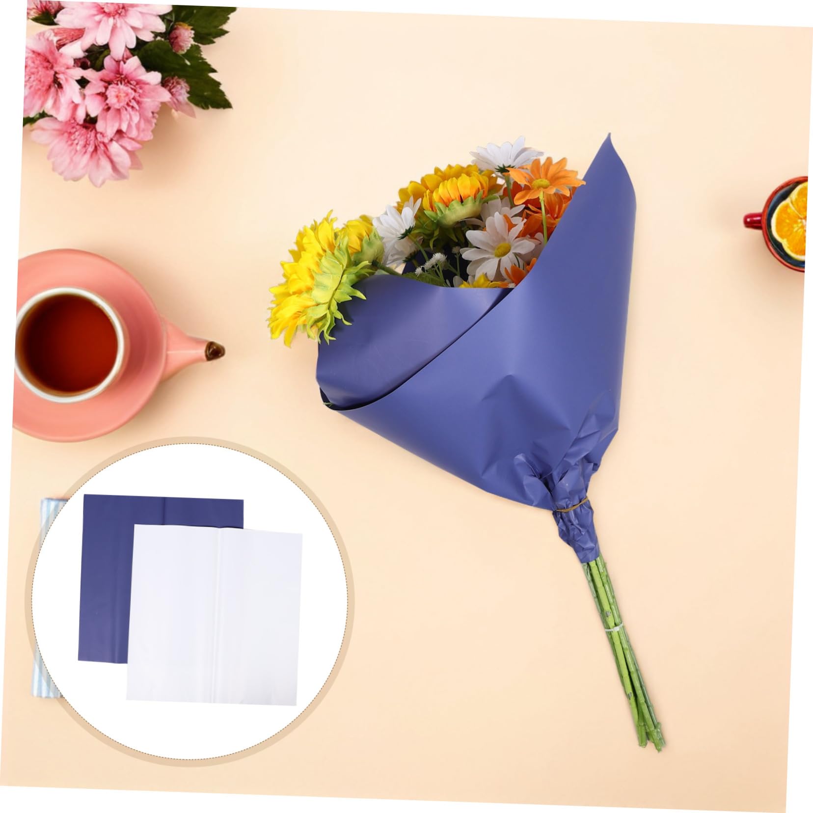Angoily Papier D'emballage pour Bouquets de Fleurs 80 Feuilles Double Face Imperméable Bleu et Blanc pour Fêtes Anniversaires et Mariage