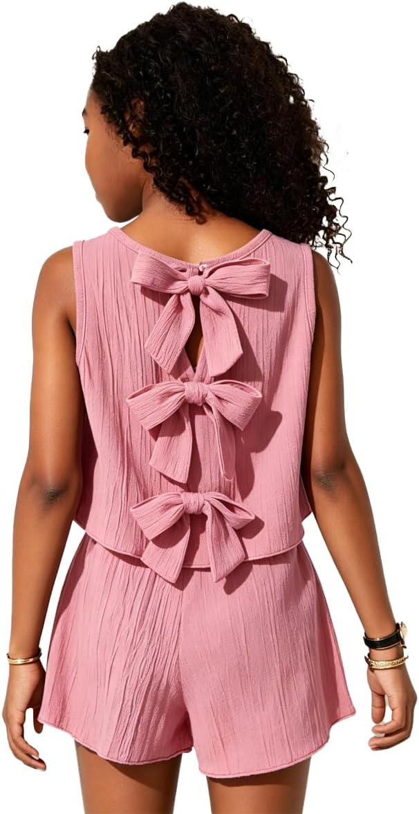 Girls Short Set Summer 2 Piece Outfit Toddler Clothes Sleeveless Bow Back Shirt and Short Set