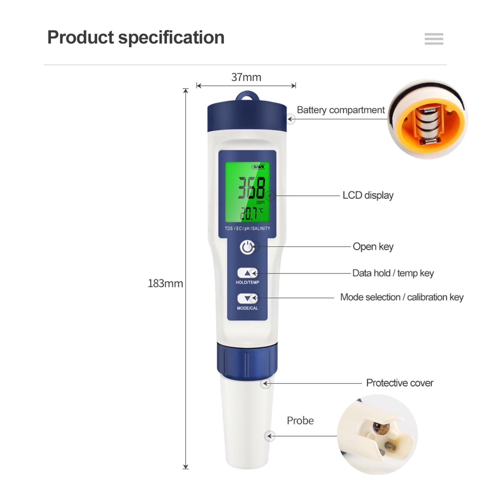 Tester miernika PH, 5 w 1 cyfrowy miernik PH TDS EC tester temperatury zasolenia przewodność filtr wody pióro czystości z podświetleniem,Woda pitna, Hydroponika, SPA, Browarnictwo(With backlight)