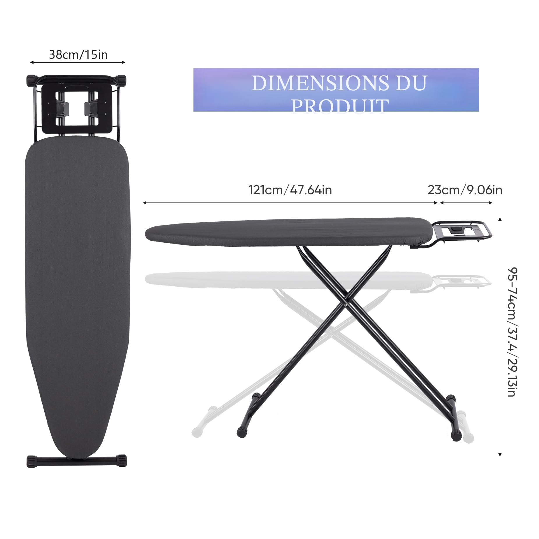 Aoufottes - Planche à repasser de luxe robuste avec repose-fer - Vapeur et pieds antidérapants - Structure stable - Hauteur réglable