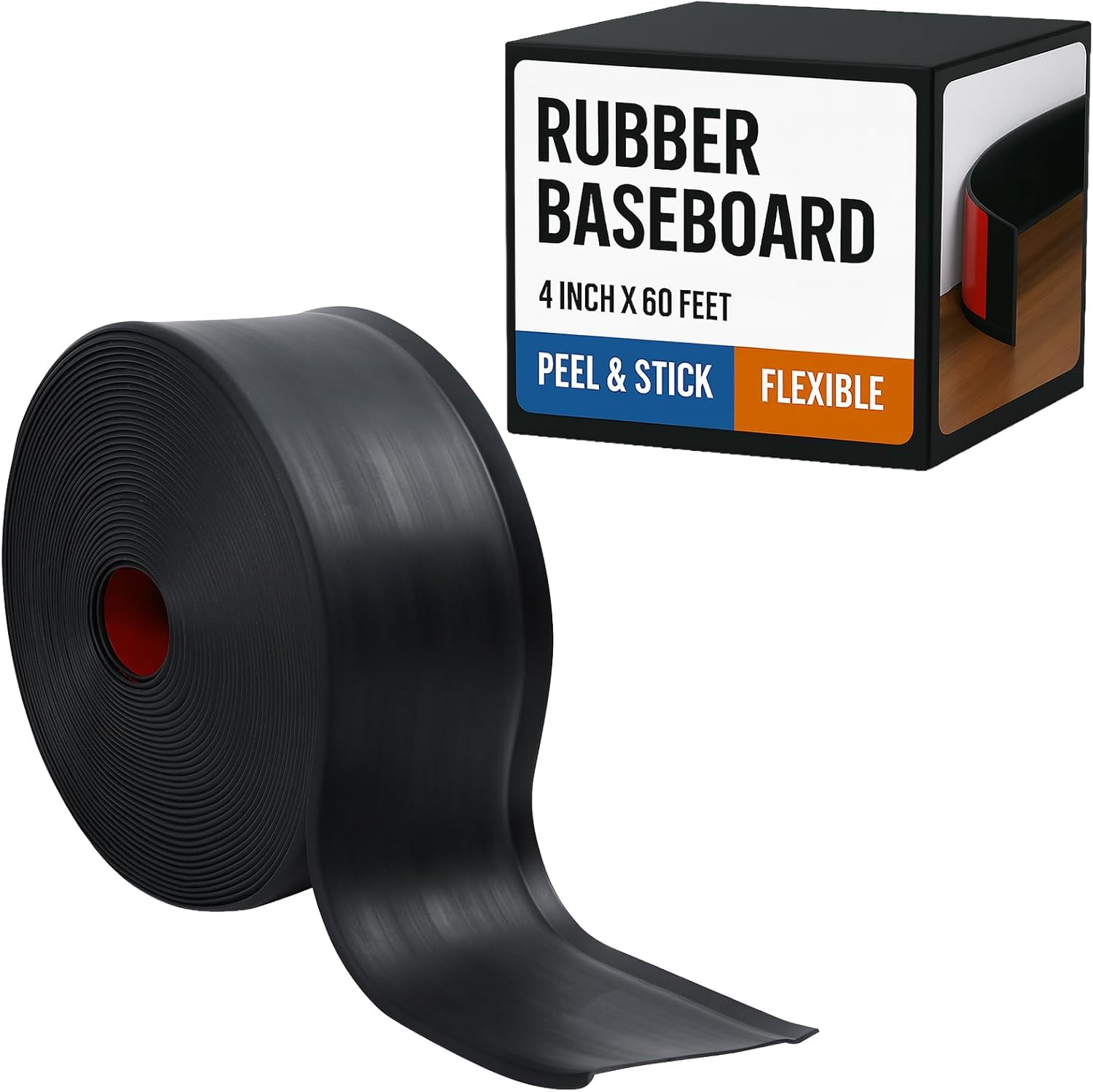 Houseables Rubber Baseboard, Baseboard Trim, Rubber Molding Trim, Base Boards for Walls, Cove Base, Flexible Molding, Peel and Stick, Self Adhesive, Vinyl Coving, for Garage, Floor, Black, 4in x 60ft