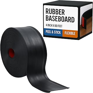 Houseables Rubber Baseboard, Baseboard Trim, Rubber Molding Trim, Base Boards for Walls, Cove Base, Flexible Molding, Peel and Stick, Self Adhesive, Vinyl Coving, for Garage, Floor, Black, 4in x 60ft