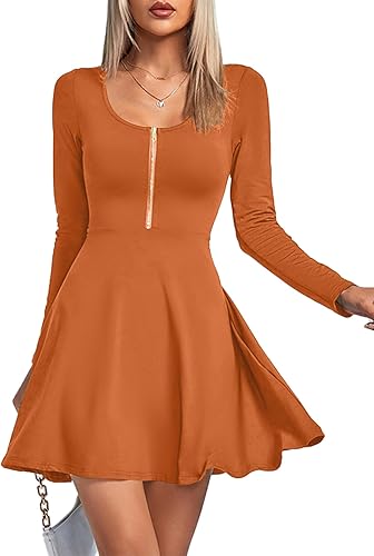 Umenlele Women's Scoop Neck Long Sleeve Dresses Casual Flowy Swing Mini Short Wr