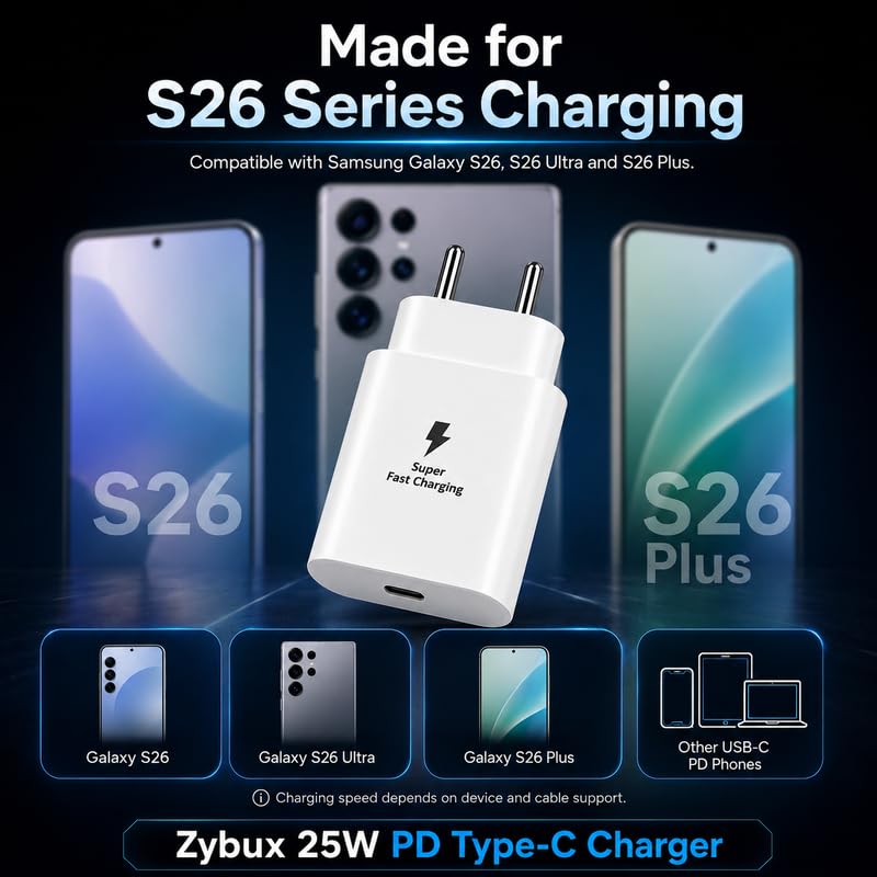 Image of Zybux 25W Type-C PD 3A Fast Charger Adaptor Compatible with Samsung Galaxy Z Flip7 /6 /5 /S11 /S10 /S9 /FE /Lite /Ultra /Plus Mini Wall Power Adapter for Smartphone Tablet, Type C Charging Plug, White