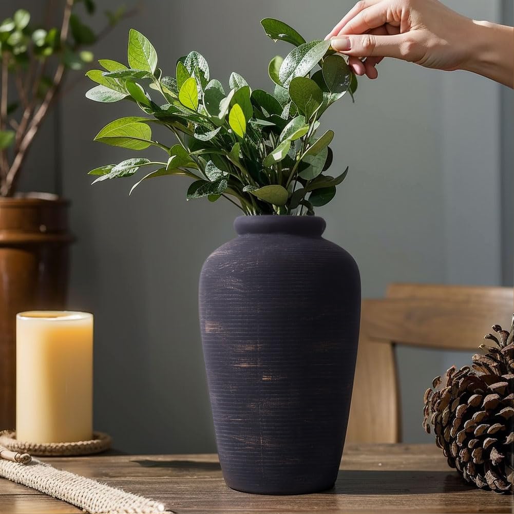 Große schwarze Keramikvase, 27,9 cm hoch, rustikale Bauernhaus-Vase, Vintage, dekorative Terrakotta-Vase für Esstisch, Regal, Schlafzimmer, Wohnzimmer, Küche, Büro, Badezimmer, Kaminsims, Tafelaufsatz