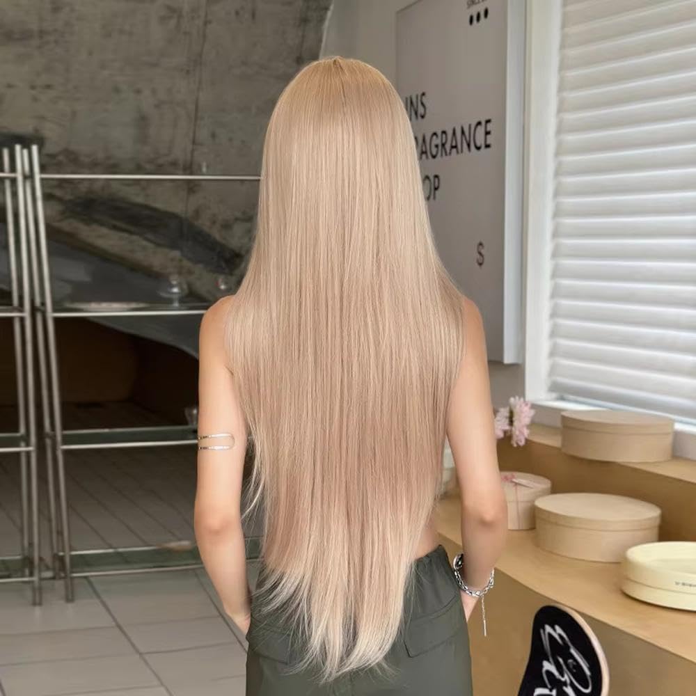 Haarpflege 28-Zoll-blonde Lange Geschichtete Gerade Perücken Für Frauen Superlange Gerade Perücke Mit Pony Hitzebeständige Faserperücken
